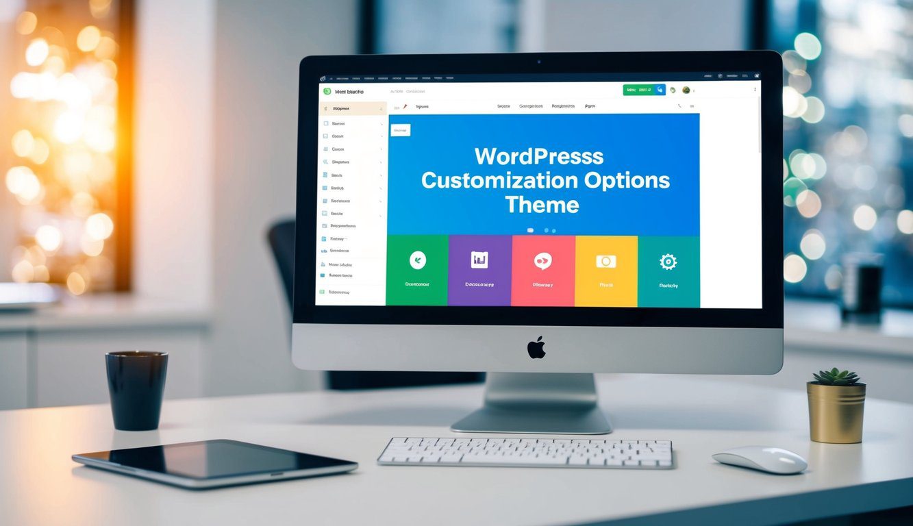 A computer screen with a WordPress dashboard open, showing the customization options for a theme. Tabs for layout, colors, fonts, and more