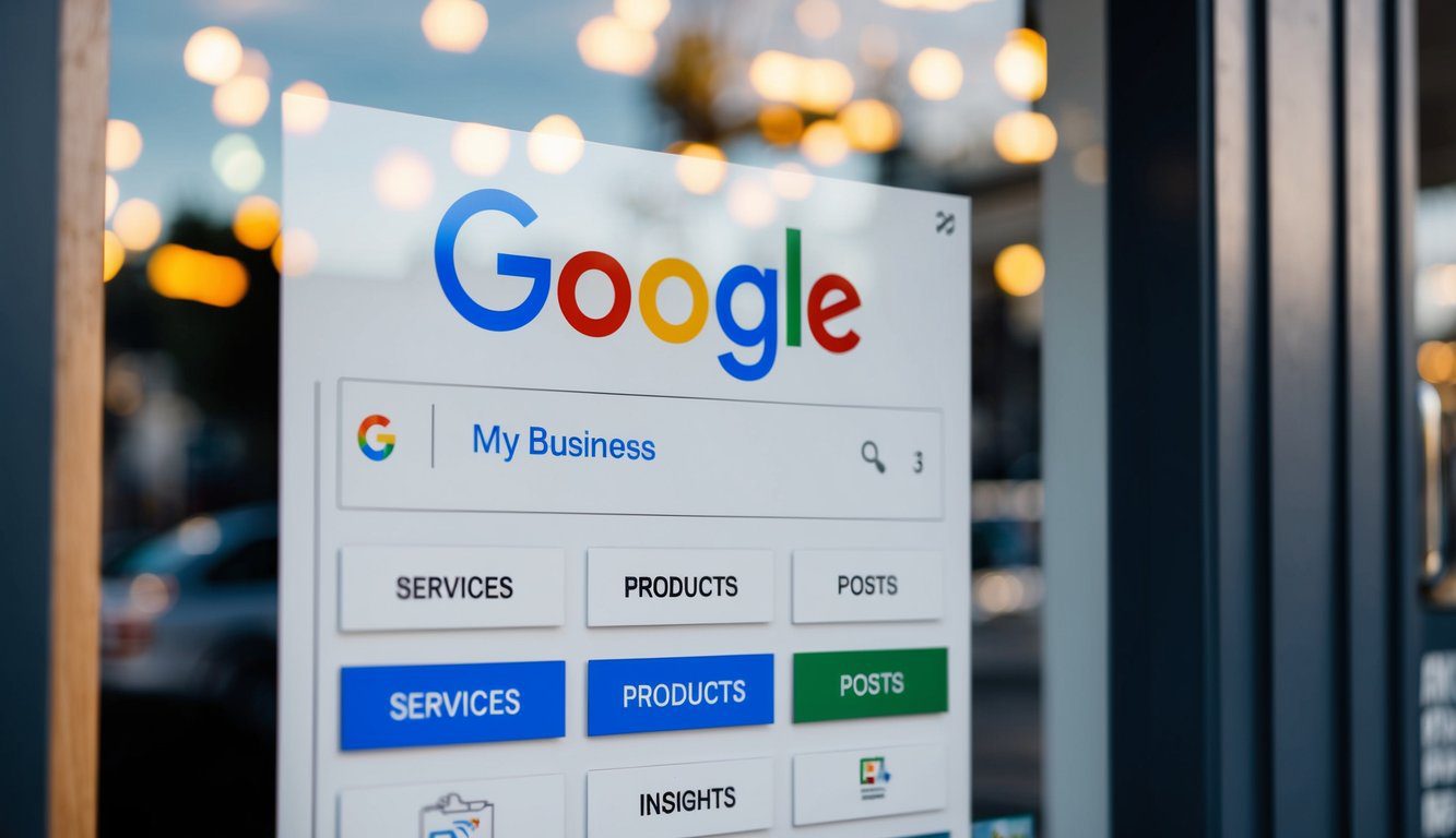 A storefront with a prominent Google My Business listing, featuring various labeled sections such as "Services," "Products," "Posts," and "Insights."